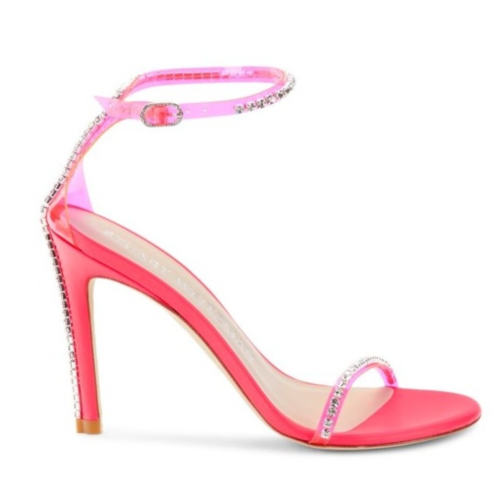 Stuart Weitzman Nudistglam Sandals Neon Pink Rhinestone Stiletto Heels‎ 9.5 NEW